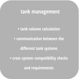 • tank volume calculation • communication between the  different tank systems  • cross system compatibility checks  and requirements  tank management